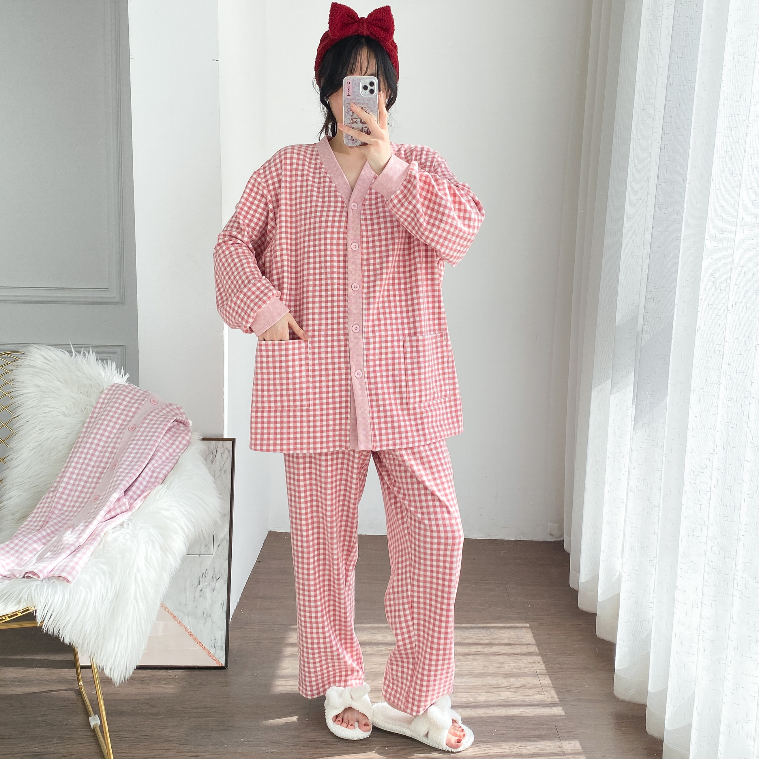 格子V领开衫长袖长裤纯棉睡衣女