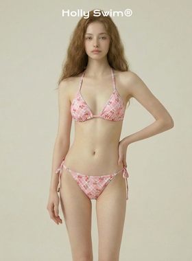 HollySwim甜心酷妹粉色格子樱桃印花三角比基尼温泉度假泳装泳衣