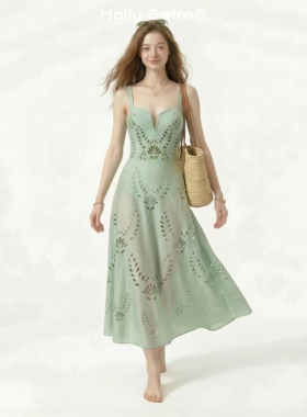 HollySwim新款法式简约镂空花纹连体泳衣显瘦裙式泳装两件套温泉