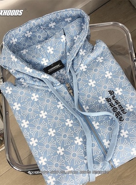 全身满印花十字架卫衣粉蓝色印花臂个性街头欧美毛圈薄款男女外套