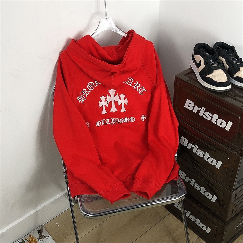 法拉利红色卫衣喜庆过年刺绣对拉链宽松薄款男女欧美十字架潮外套