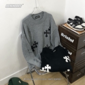 手工质造穿窿拉丝破洞卷边套头针织衫 个性 街头贴布十字架潮牌毛衣