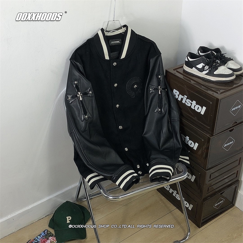 潮欧美个性街头毛呢大马蹄十字架pu皮袖棒球服男女潮外套薄棉款