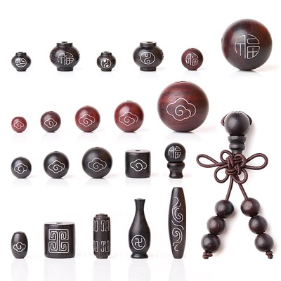 檀木镶银丝圆珠桶珠佛头diy配件