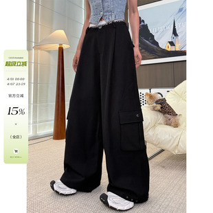 李婉君原创韩版 女士阔腿弯刀休闲裤 长裤 简约数字腰头大口袋休闲裤
