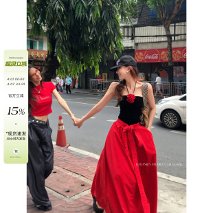 李婉君韩版 裙子 尼龙蝴蝶结绑带收腰大摆红色半身裙女士伞裙中长款