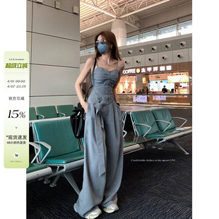 李婉君设计感烫钻吊带棉上衣高腰阔腿休闲裤 裤 套装 女夏老钱风西装