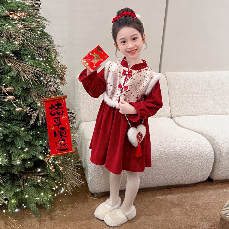 女童加绒拜年服冬季2024新款儿童加厚保暖冬装时髦洋气连衣裙