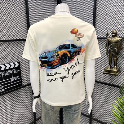 夏季潮牌复古机车印花短袖T恤男士百搭休闲宽松时尚半袖纯棉上衣