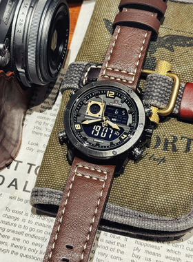 naviforce领翔男士复古皮带飞行员双显闹钟计时手表入伍当兵可戴
