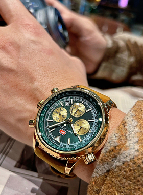 MINIFOCUS新款复古皮带军迷飞行员夜光手表户外工装男士腕表防水