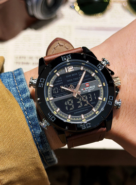 NAVIFORCE领翔男士大表盘双显防水电子表时尚腕表复古皮带手表男