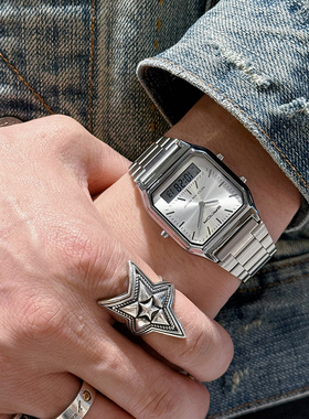 新款复古小表盘方块手表中性风钢带女表vintage简约男士电子手表