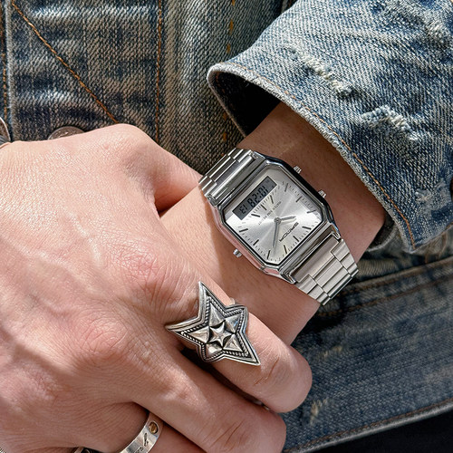 新款复古小表盘方块手表中性风钢带女表vintage简约男士电子手表