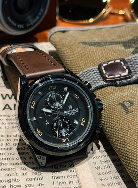 naviforce领翔新款男士复古皮带军迷风飞行员六针石英表公考可带