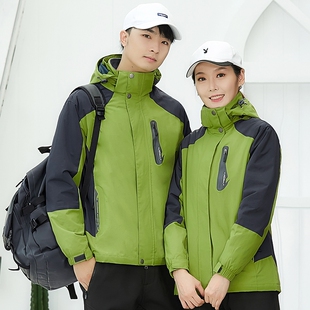 户外草绿色冲锋衣男女同款三合一可拆卸两件套防风加厚登山服外套