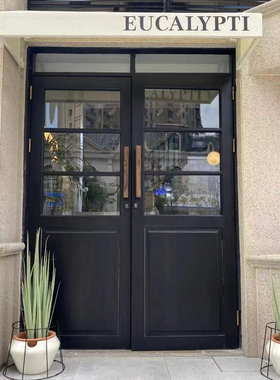定制沿街商铺实木玻璃双扇对开门服装奶茶咖啡烘焙店铺原木入户门