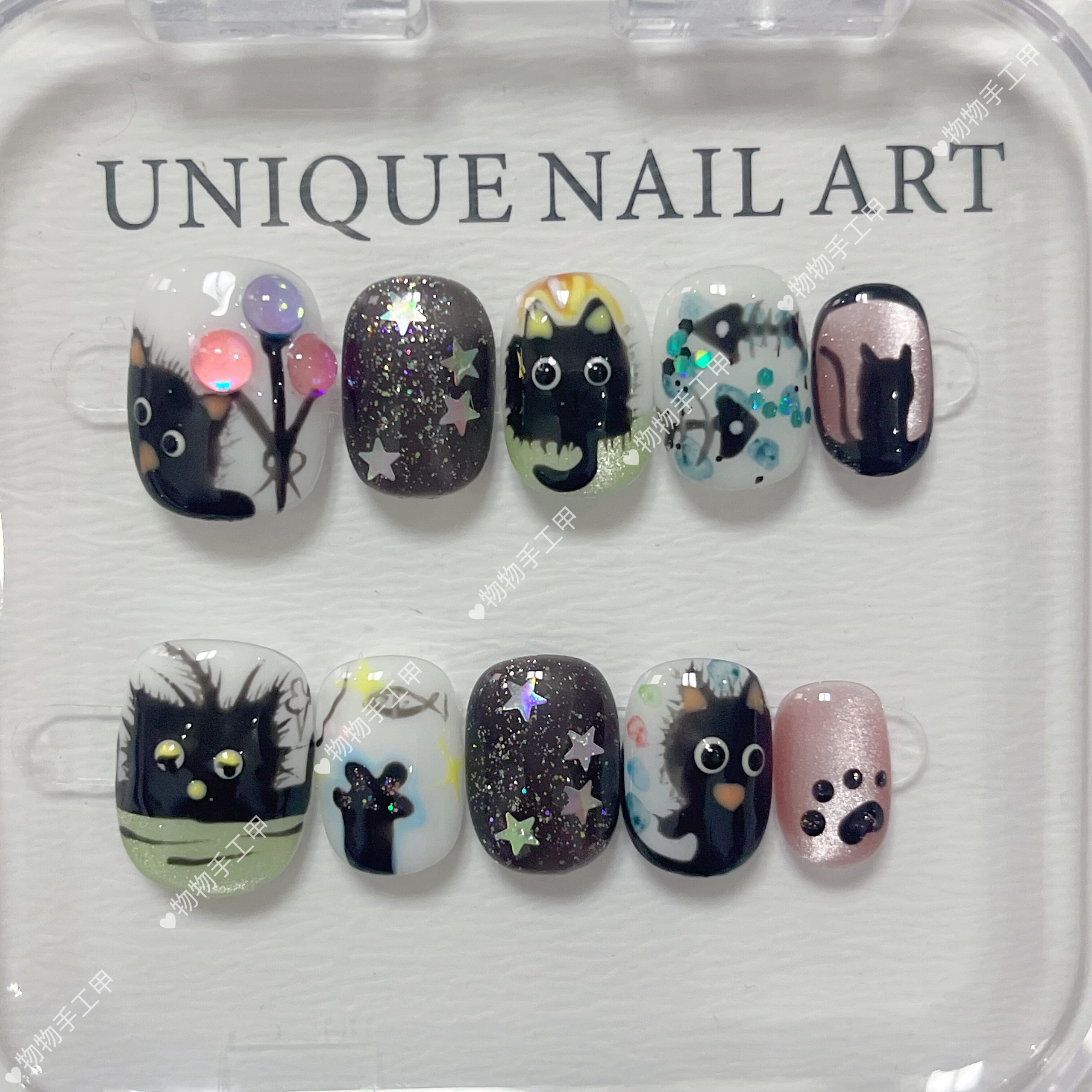 手工穿戴甲ins风小众设计感炸毛猫星星美甲贴片成品假指甲显白