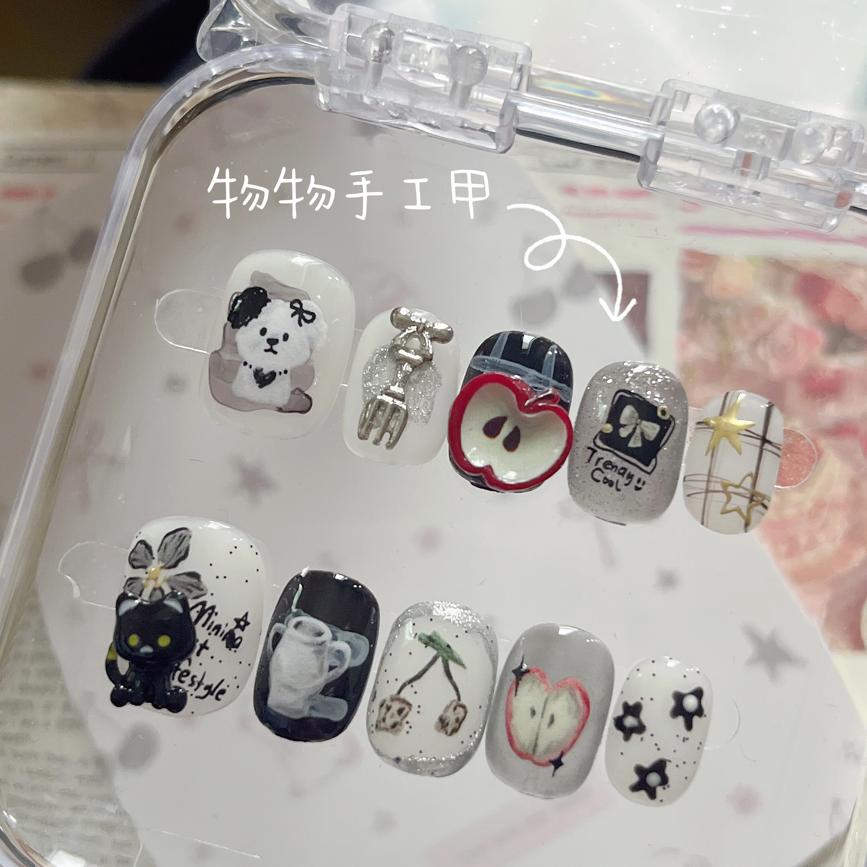手工穿戴甲可爱ins风 潦草小狗苹果美甲贴片成品可拆卸假指甲