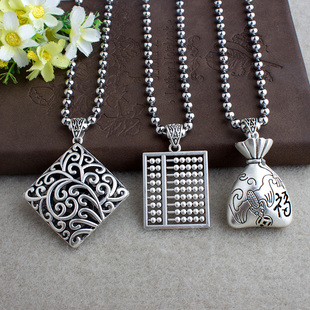 复古时来运转流苏吊坠藏银长款毛衣链挂件民族风四方来财项链饰品