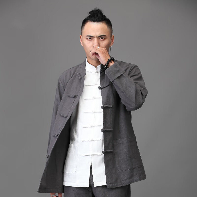 唐装男中青年棉麻外套秋季爸爸装长袖上衣青年亚麻汉服国风男装