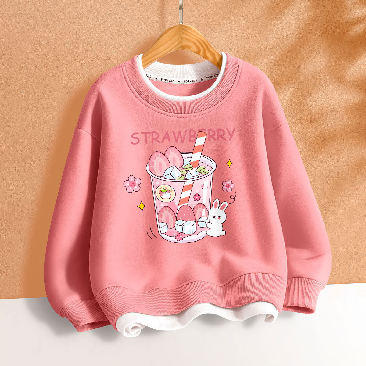 上衣女童冬季加绒卡通桃莓印花卫衣圆领保暖假两件加厚2025新款