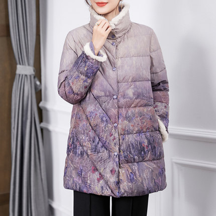 轻薄羽绒服女中长款2024新款冬高端妈妈渐变色水貂毛90白鹅绒外套