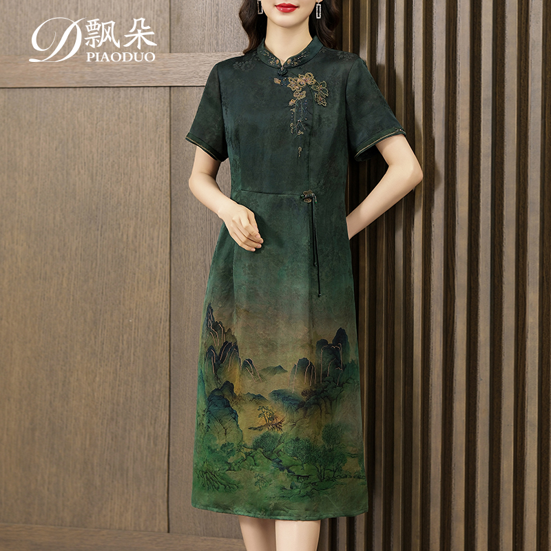 飘朵复古花罗香云纱真丝连衣裙