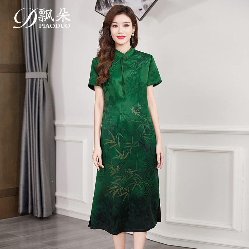 国风印花香云纱真丝连衣裙女妈妈