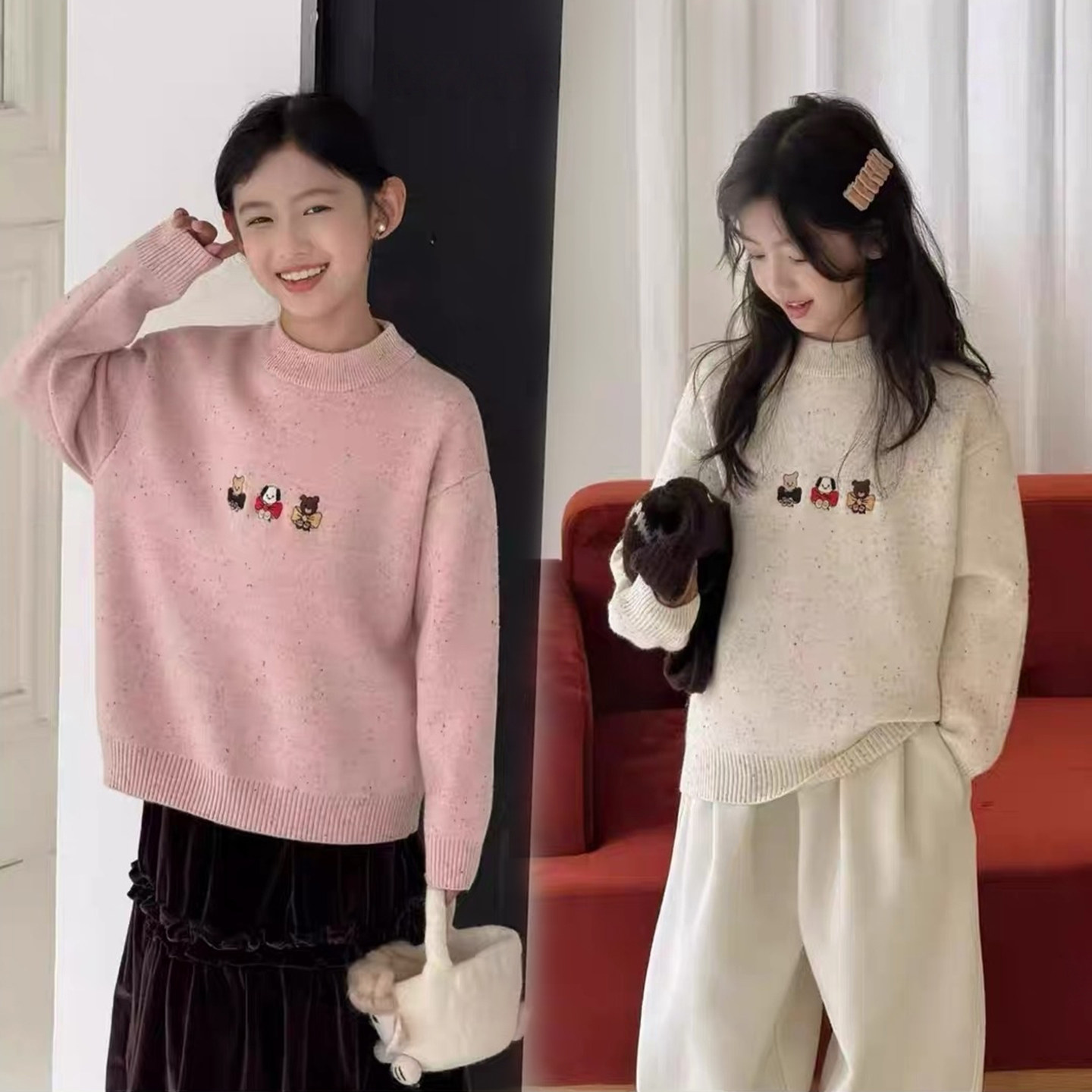 2025冬季新款彩点纱立体刺绣韩版加绒加厚圆领套头毛衣男女童,童装/婴儿装/亲子装,毛衣/针织衫,淘宝优惠券,粉丝福利购,淘宝优惠卷