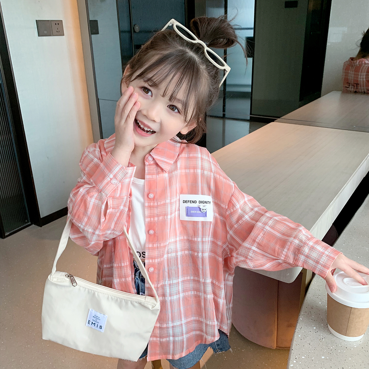 鱼儿妈 女童空调衫2025夏装新款儿童中大童格子纯棉长袖防晒衣