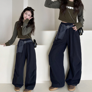 裤 休闲女童工装 假2件格子拼接速干伞兵裤 2026新款