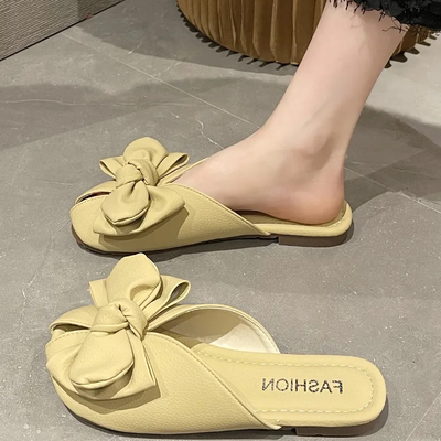 蝴蝶结包头半拖鞋女新款2025夏季外穿仙女风配裙子平底鱼嘴凉拖鞋