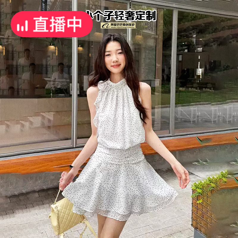 2025夏季新款韩版设计感荷叶边波点背心连衣裙小个子纯欲收腰裙子