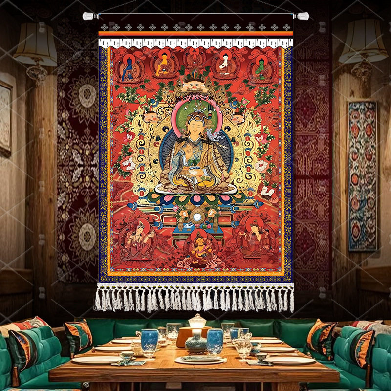唐卡挂画五色黄财神玄关莲师装饰画藏式佛像财神爷客厅办公室招财
