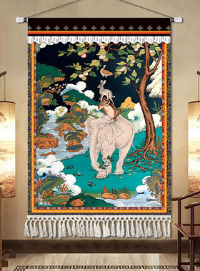 藏式民族风唐卡和谐四瑞挂画吉祥八宝长寿老人壁画客厅玄关装饰画