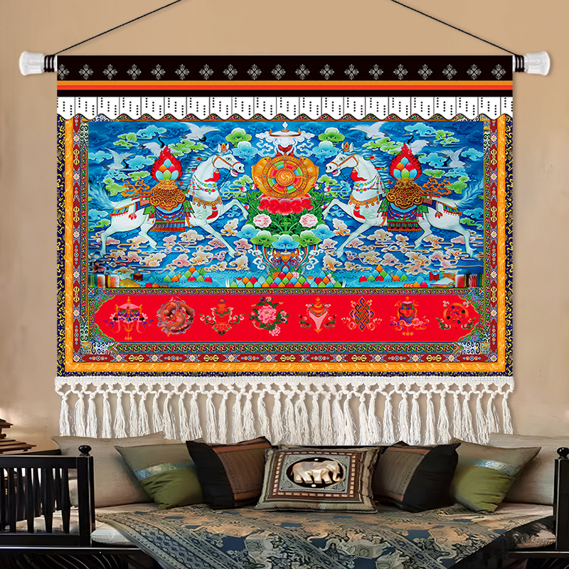 藏式唐卡吉祥八宝挂画墙布背景布客厅玄关布艺挂毯墙面装饰品定制图片