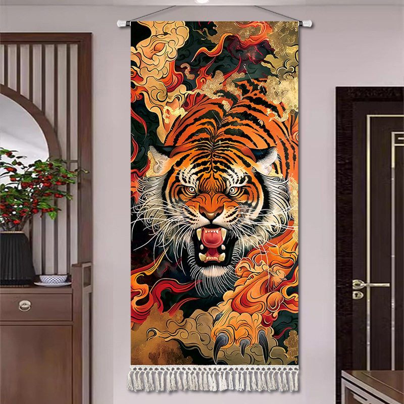 新中式客厅老虎画入户玄关挂画装饰画猛虎下山图办公室纹身店国画