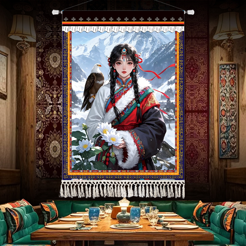 藏族人物挂画挂毯西藏女财神布艺酒馆酒店民宿餐厅卧室墙面装饰画图片