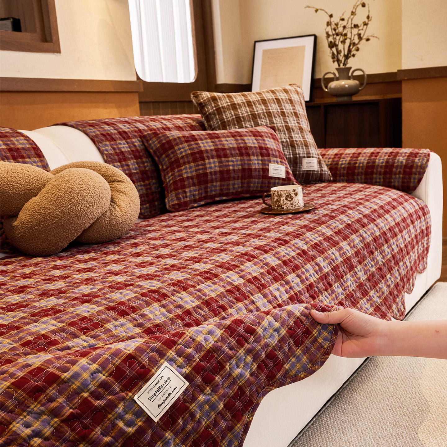 英伦格子纯棉沙发垫2026新款冬四季通用沙发坐垫布艺暖色防滑盖巾