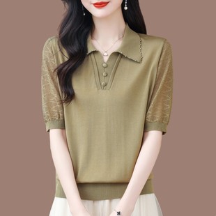 中年妈妈桑蚕丝短袖 t恤女2025新款 夏季 冰丝上衣减龄洋气polo小衫
