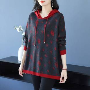 T恤女宽松200斤洋气遮肚连帽针织衫 长袖 加大码 胖妈妈上衣春秋薄款