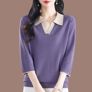 小衫 妈妈春秋装 中袖 桑蚕丝t恤女七分袖 polo翻领上衣针织洋气大码