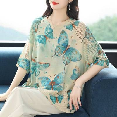 洋气中年妈妈棉麻T恤加肥特大码女装200斤夏季老年人遮肚短袖上衣