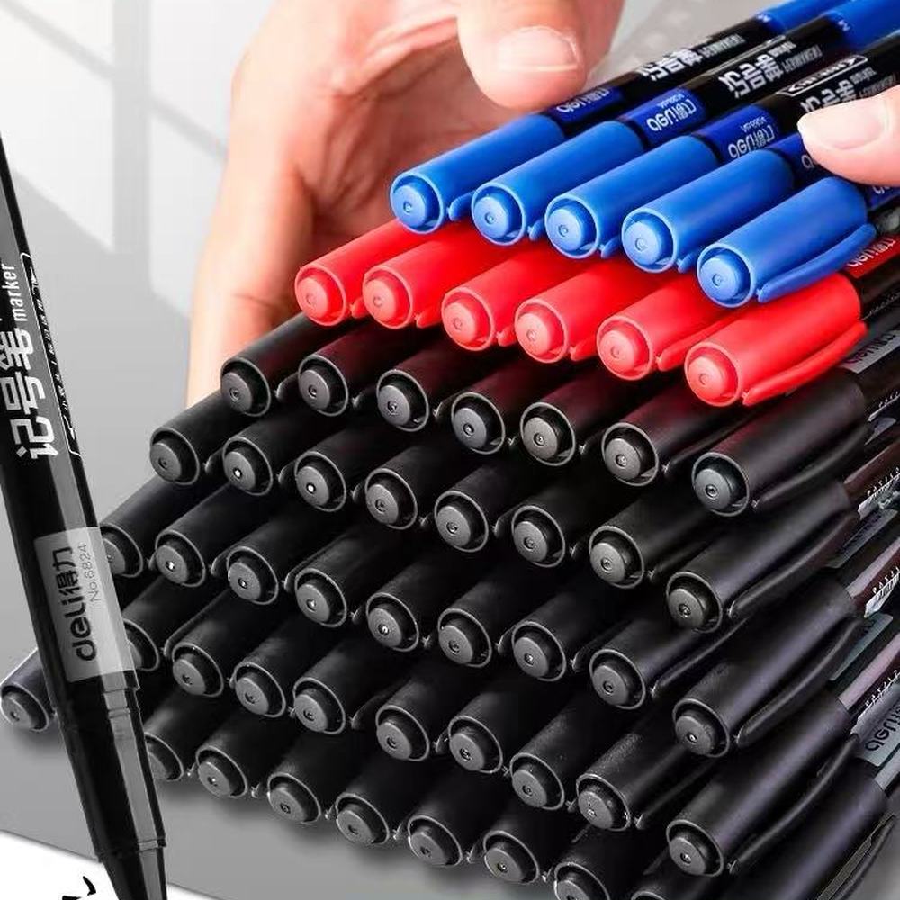 得力小双头记号笔黑色粗细两头标记笔美术专用小学生油性快干防水