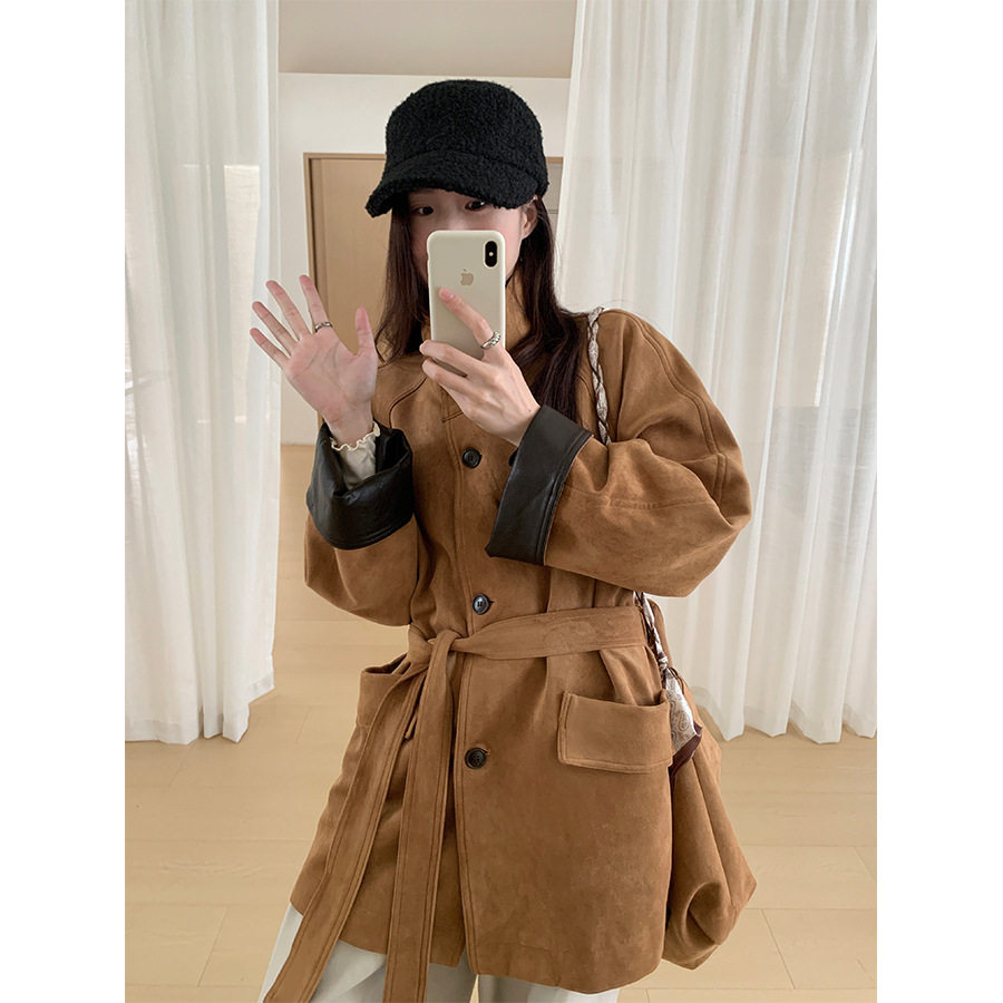 今年流行外套女2025新款爆款风衣复古美拉德系带麂皮绒中长款大衣
