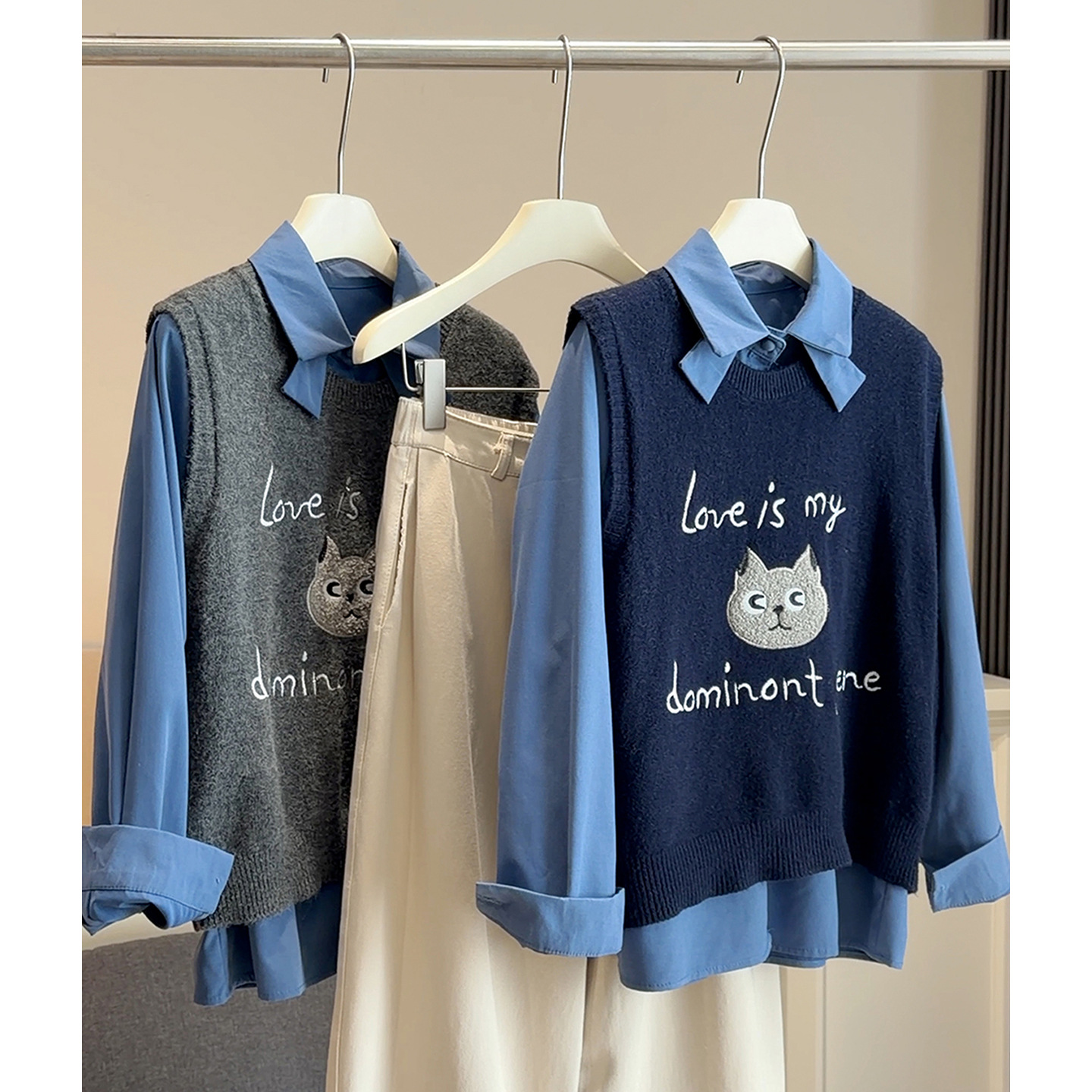 新款学院风卡通刺绣猫咪针织背心衬衫女2025冬装韩系叠穿两件套