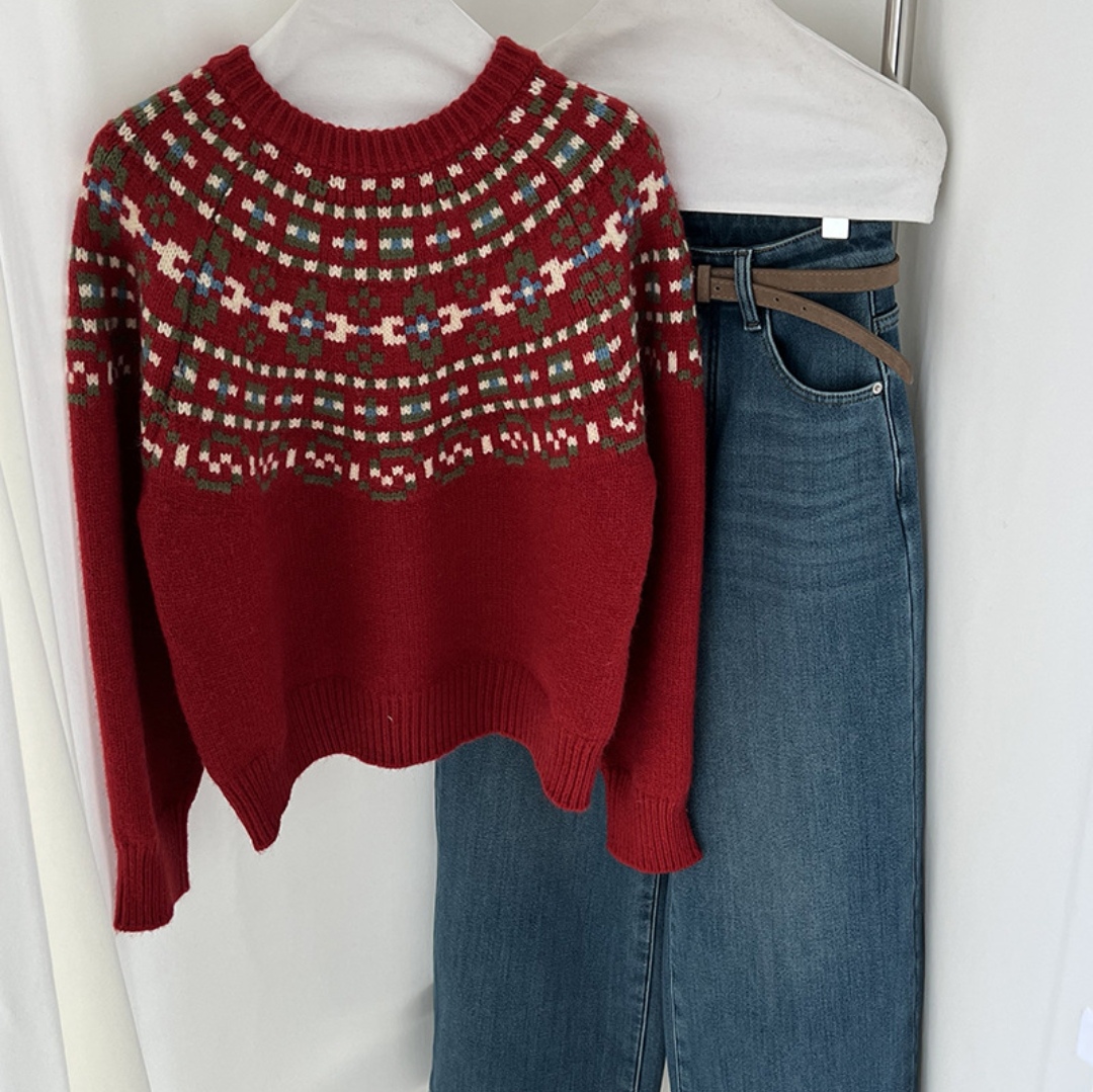 复古费尔岛提花毛衣女2025秋冬新款慵懒圣诞宽松针织衫圆领上衣