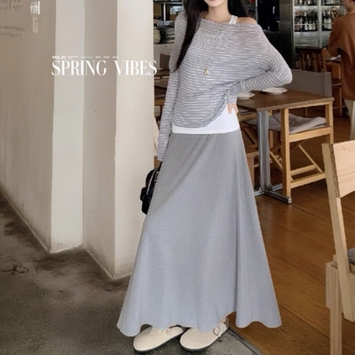 条纹斜肩T恤内搭背心两件套