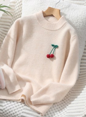 儿童羊绒衫女童双股厚款半高领打底衫羊毛衫手工钩花小樱桃毛衣